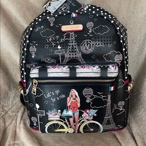 Nicole Lee Black Large Backpack with Paris Bicycle Print and Polka Dot Trim